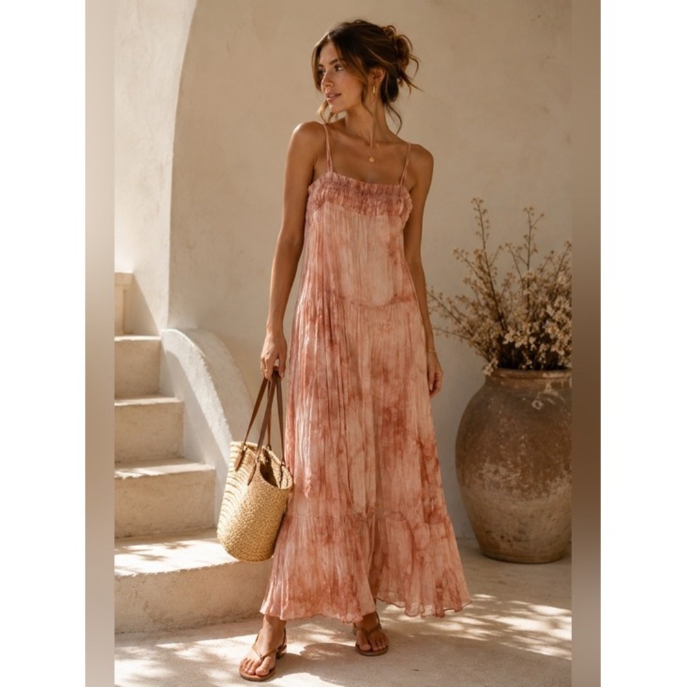 By The River Smocked Crinkle Maxi Dress Blush Pink Boho Cottagecore Size M